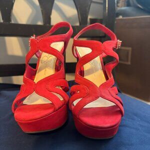 Jessica Simpson red suede platform wedge sandals, size 5